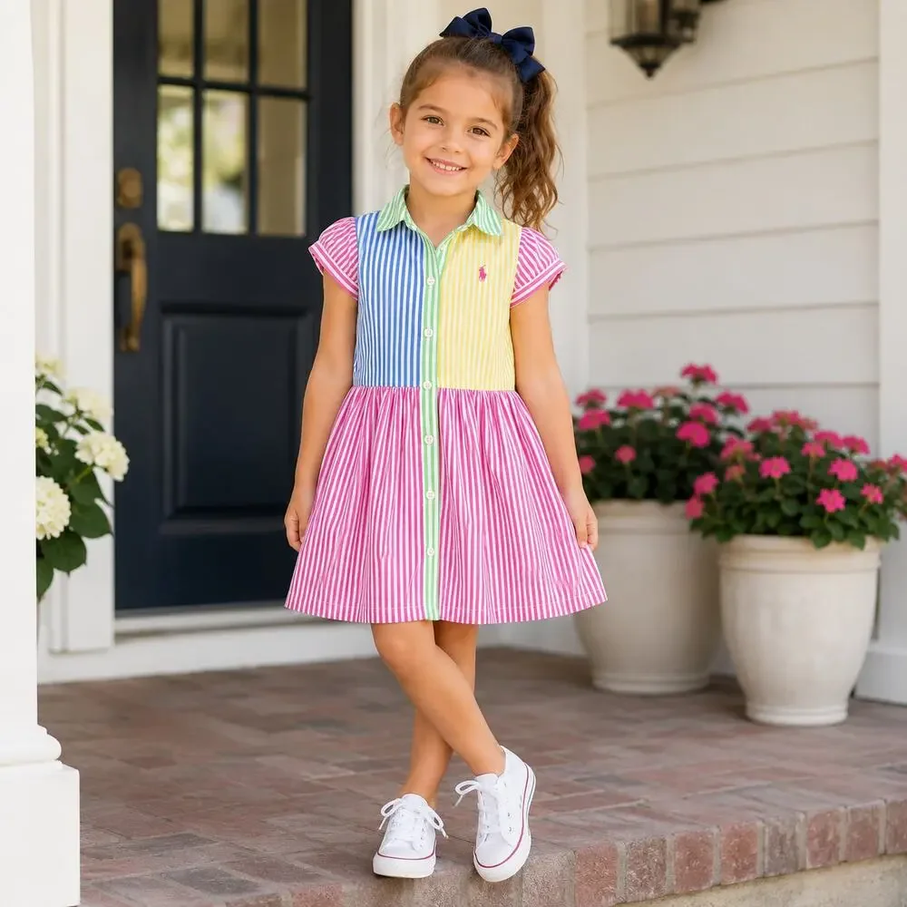 Polo Ralph Lauren Girls Dress SZ5 Multicolor Striped Shirt Dress Rainbow Preppy - Picture 1 of 10